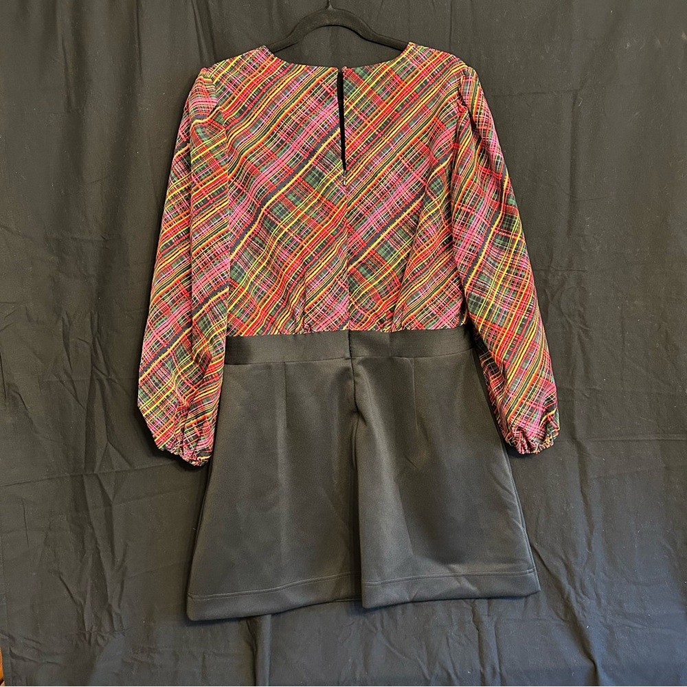 NWT LDT Ivonne Plaid Crew Neck 3/4 Puff Sleeve Dress Black - Picture 5 of 9